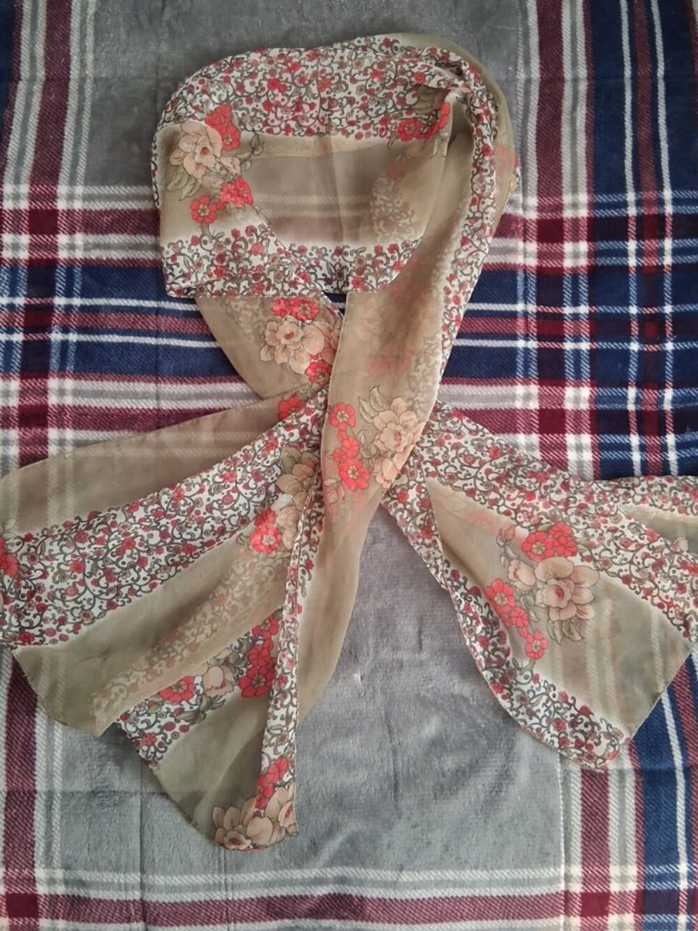 Sheer Olive Green Scarf with a Floral Pattern